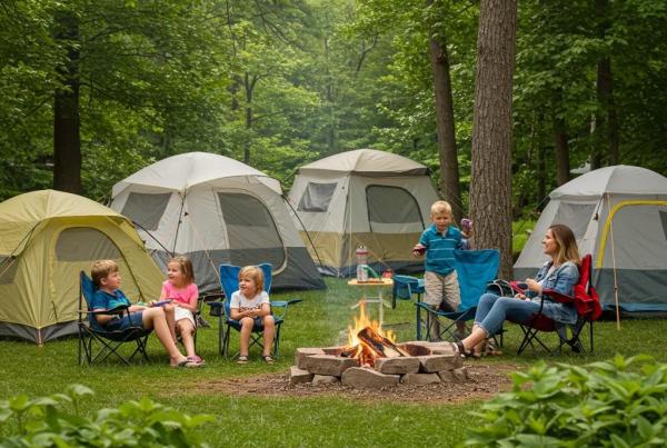 Family camping in Michigan with tents and campfire in a lush green setting