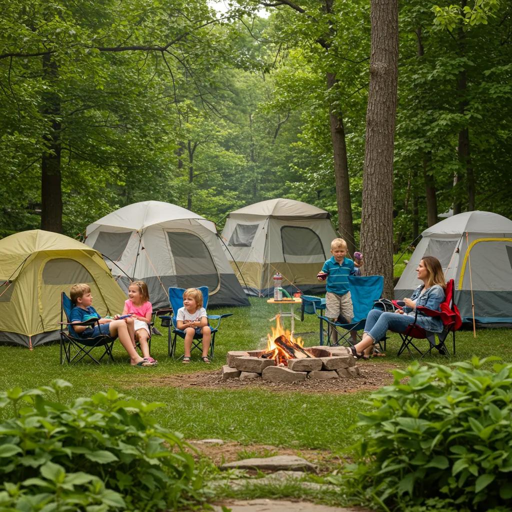 Family camping in Michigan with tents and campfire in a lush green setting