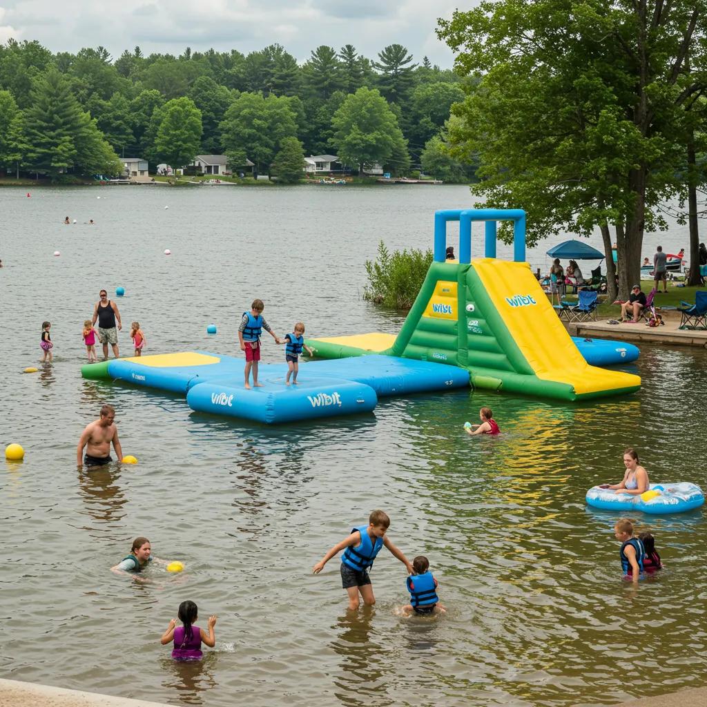 Family camping scene at a Michigan campground with children playing and families enjoying outdoor activities