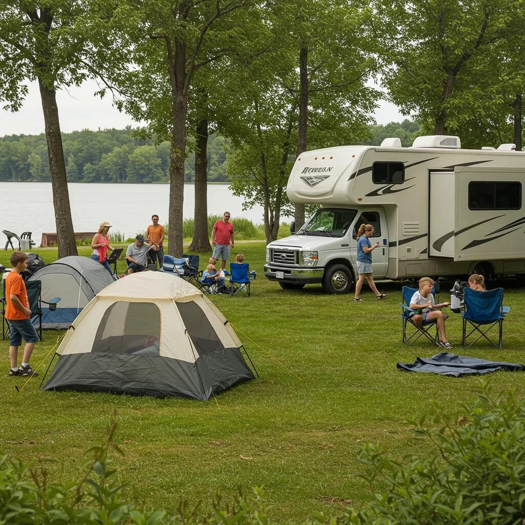 Family camping scene in Michigan with children playing and parents setting up an RV near a lake