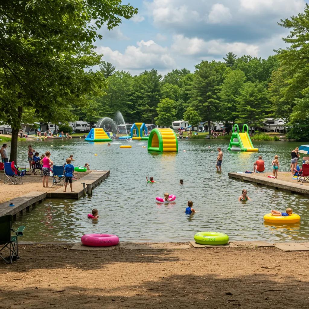 Family camping scene in Michigan with children playing at a swimming lake and Wibit water park