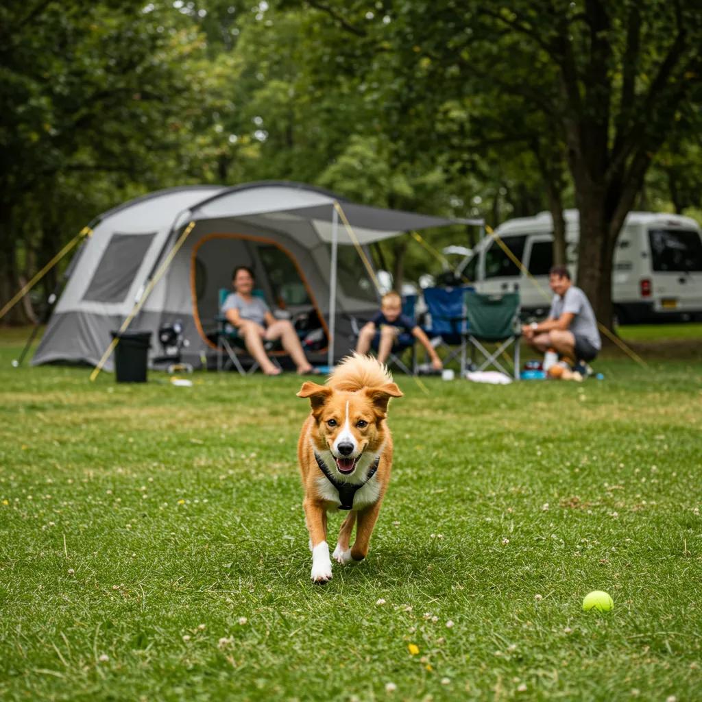 Family camping with a dog at a pet-friendly campground, highlighting outdoor fun and companionship