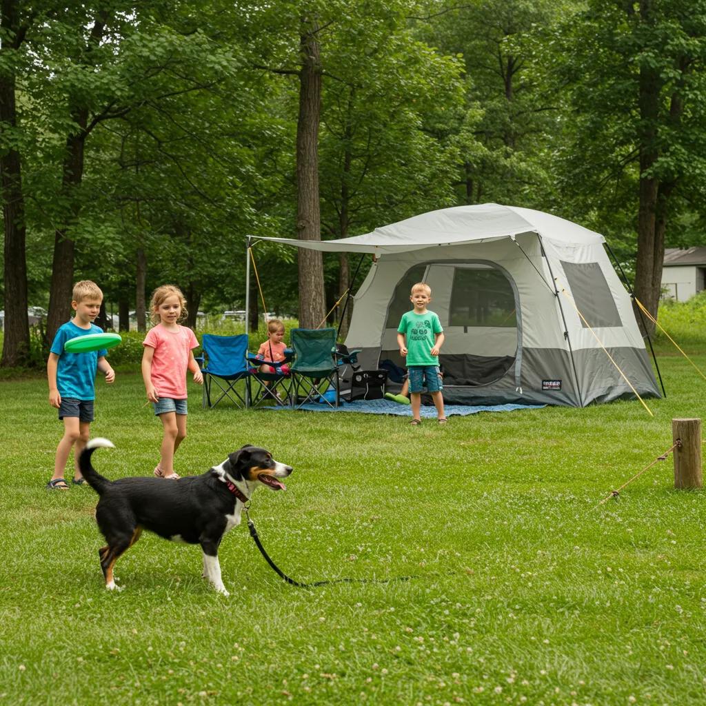 Family camping with a dog at a pet-friendly campground in Michigan
