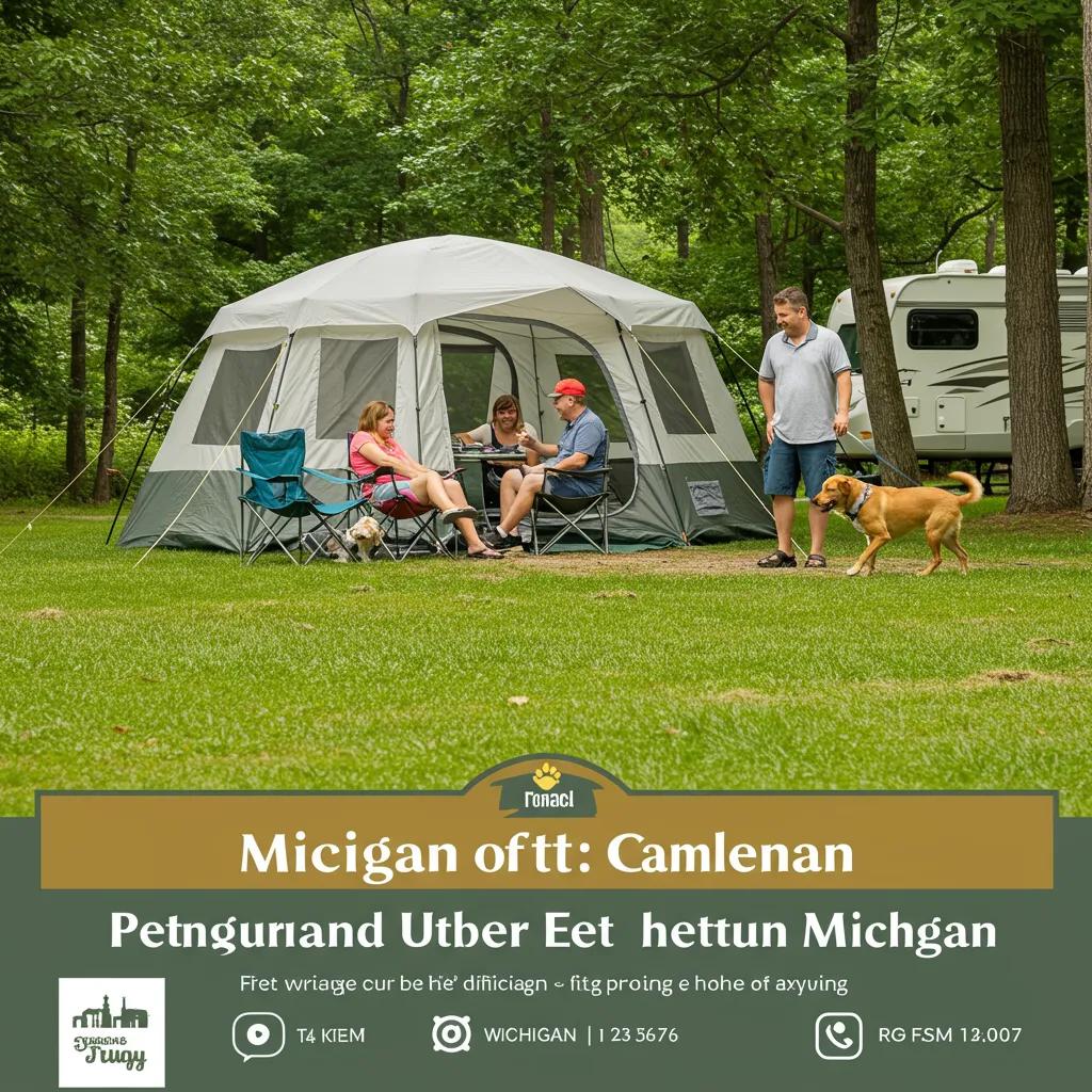 Family camping with a dog at a pet-friendly campground in Michigan