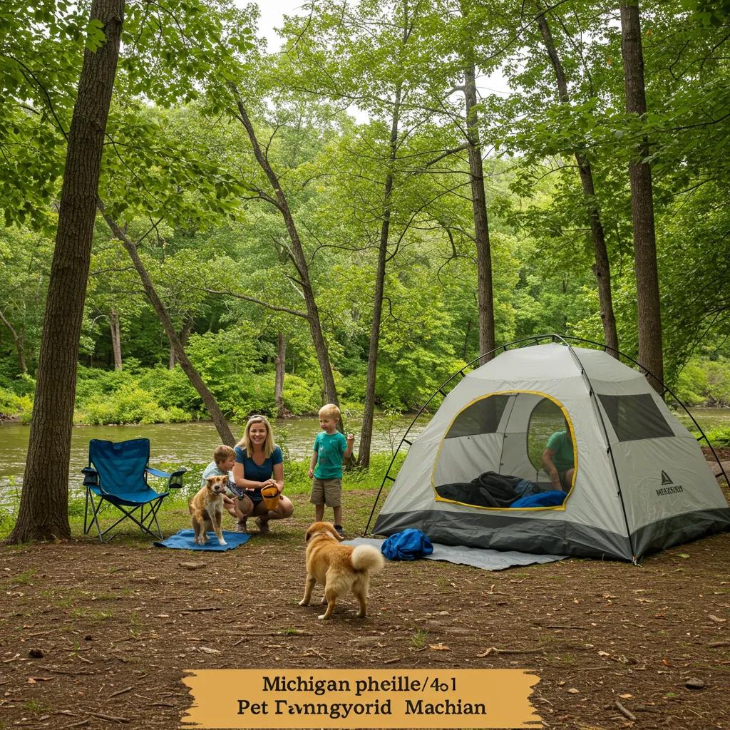 Family camping with a dog at a pet-friendly campground in Michigan