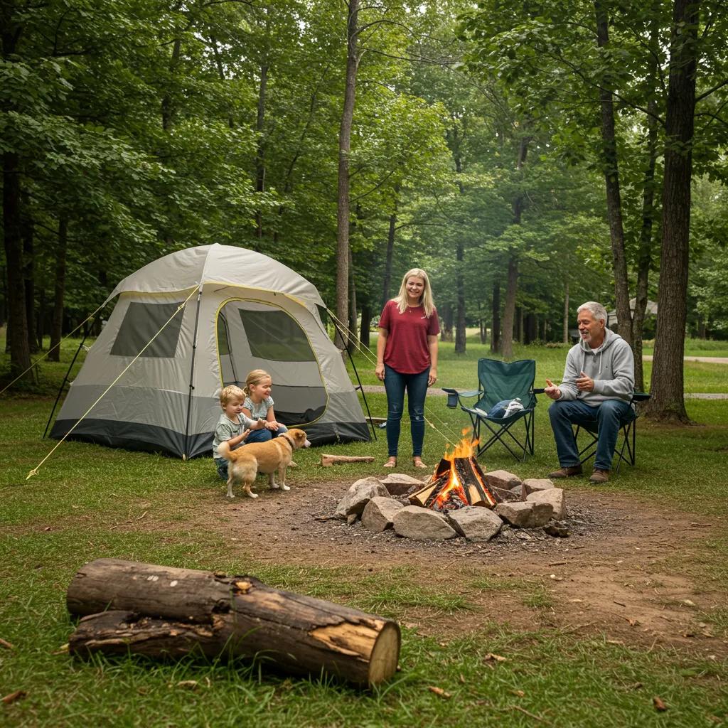 Family camping with a dog in a beautiful Michigan campground