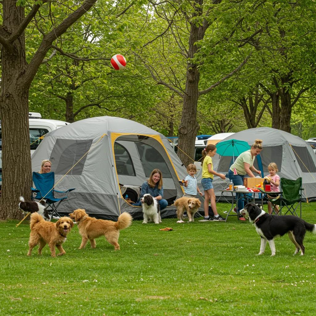 Family camping with dogs at Walnut Hills, showcasing outdoor fun and pet-friendly activities