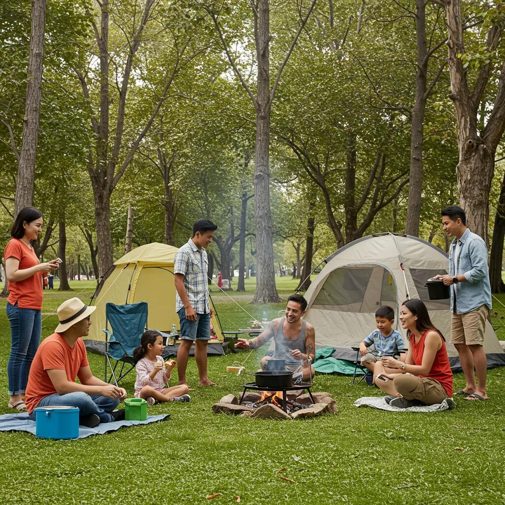 Family enjoying a camping experience with activities and a tent in a natural setting