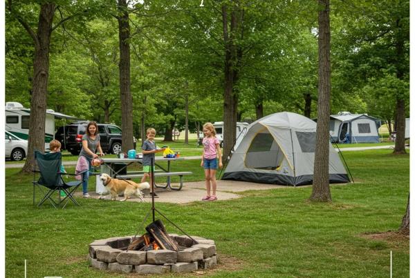 Family enjoying a pet-friendly campsite in Michigan with children and a dog
