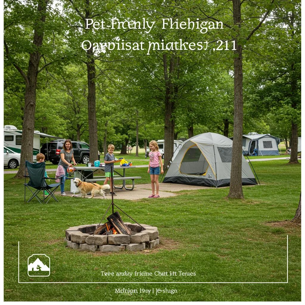 Family enjoying a pet-friendly campsite in Michigan with children and a dog