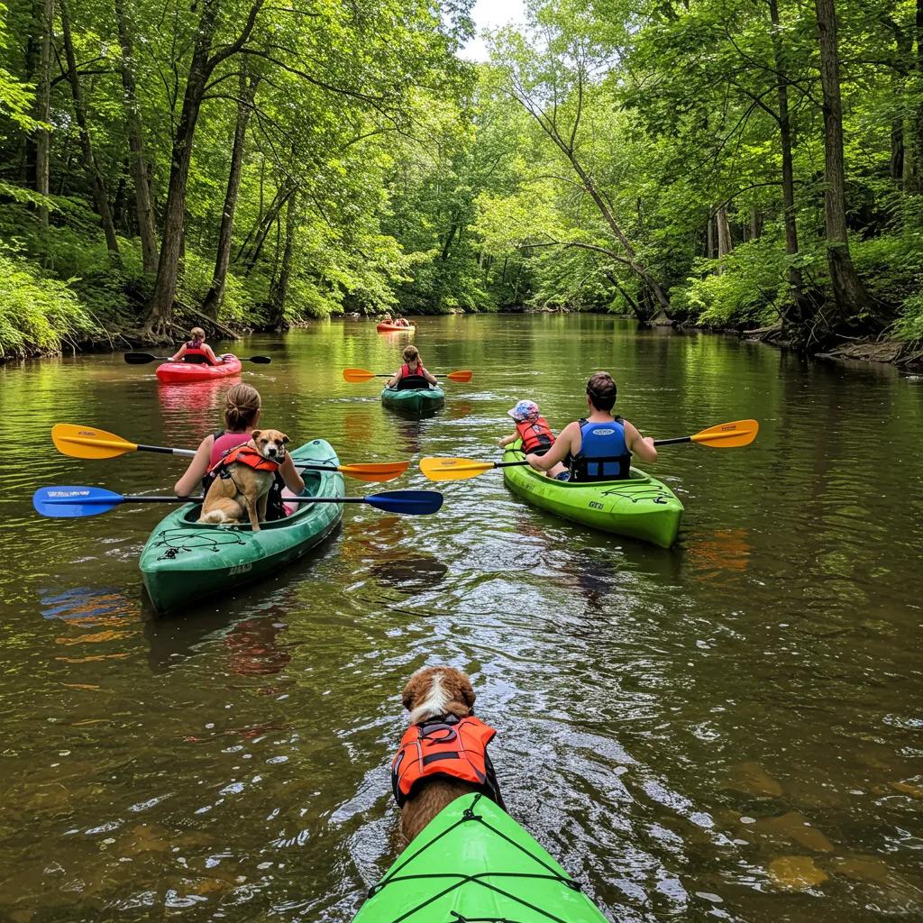 Family enjoying a river float trip with a dog in a life jacket on the Shiawassee River