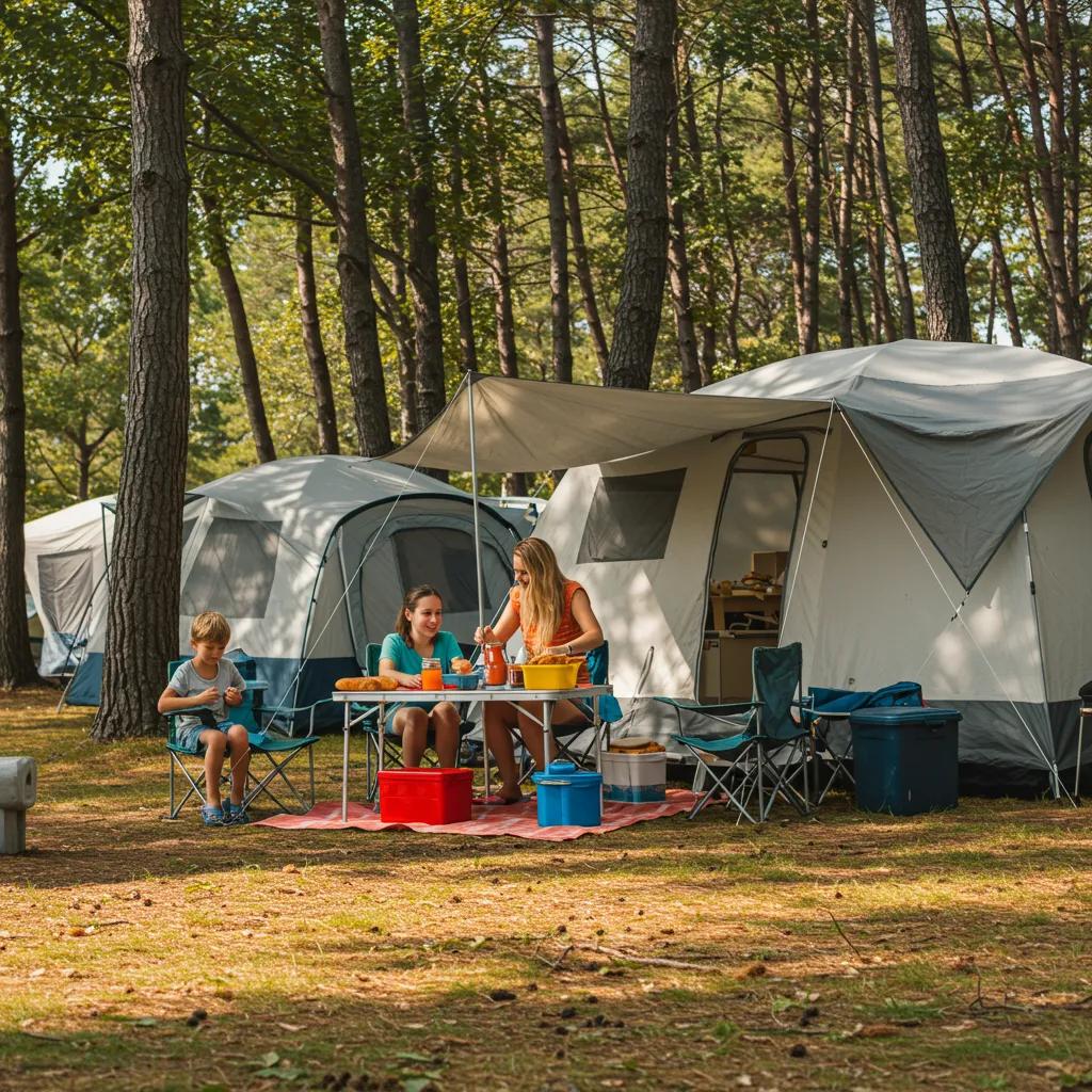 Family enjoying a seasonal campsite with children playing and parents setting up a picnic