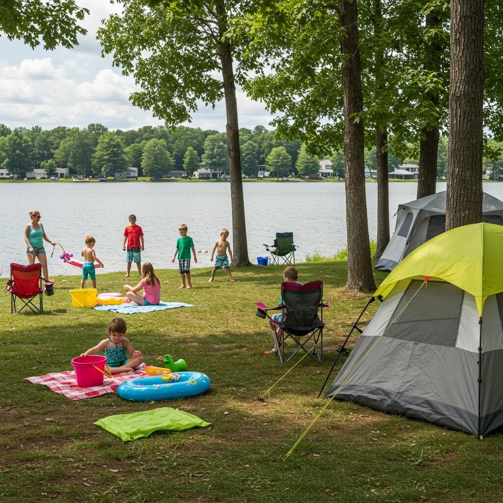 Family enjoying camping at a Michigan campground with children playing by the lake