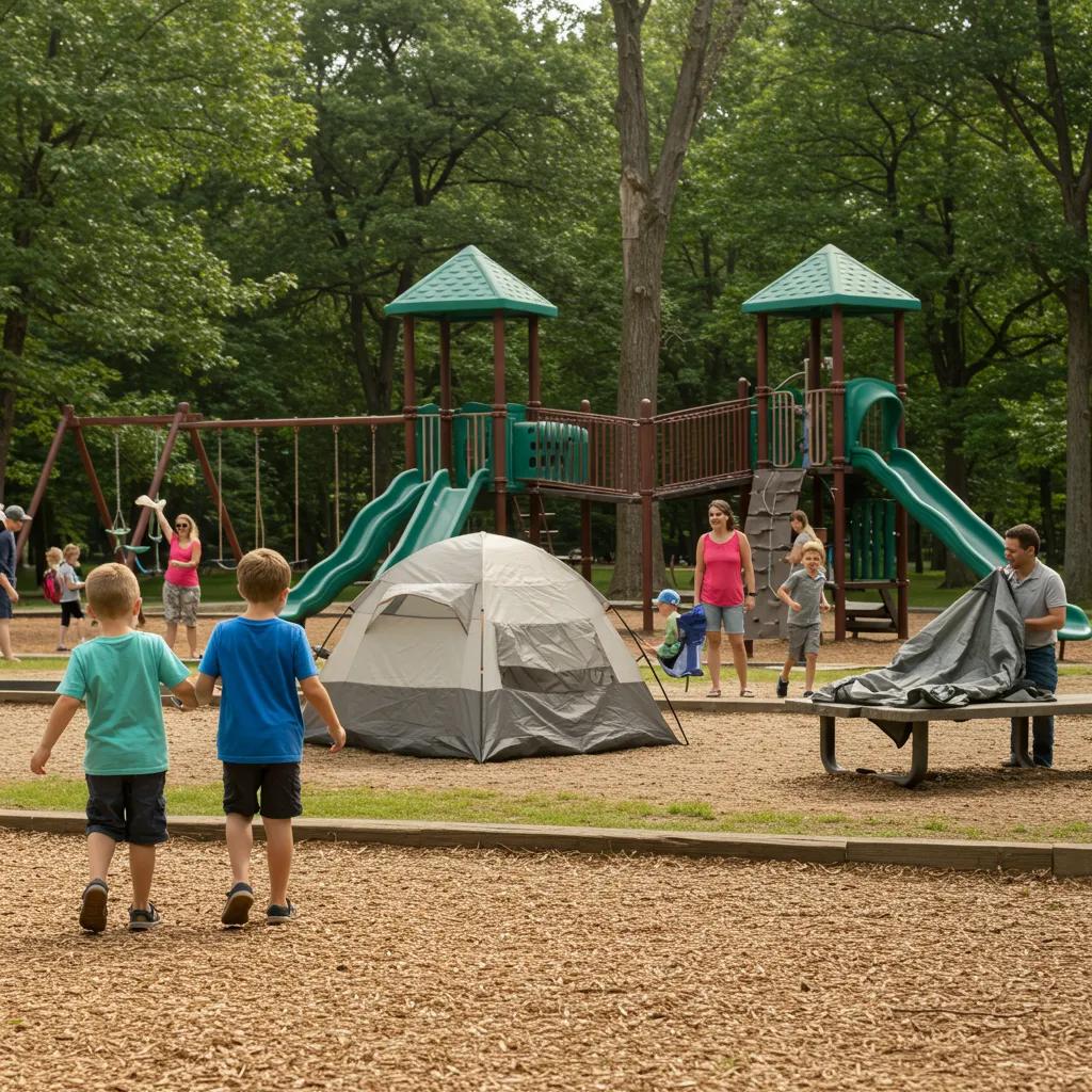 Family enjoying camping at an Ohio state park with children playing and parents setting up a tent