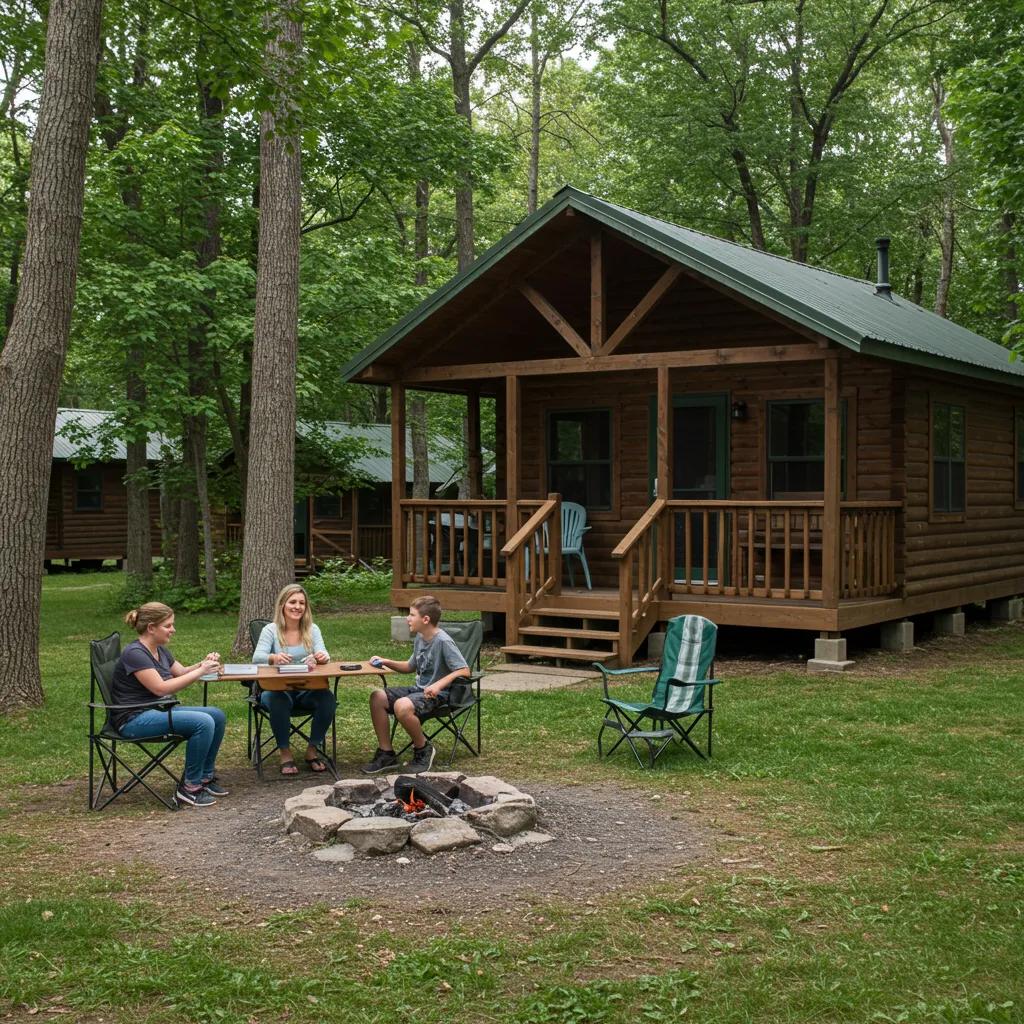 Family enjoying glamping at a rustic cabin in Michigan campground surrounded by nature