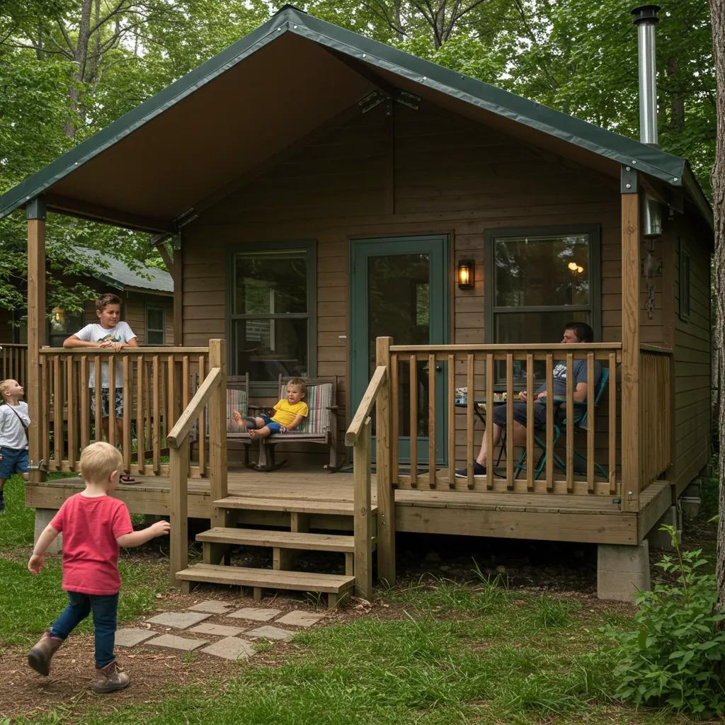 Family enjoying glamping in a Michigan cabin surrounded by nature