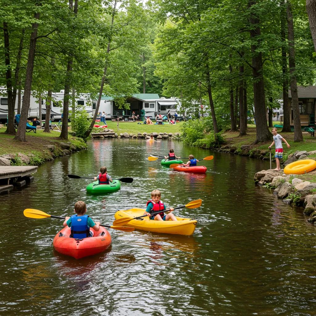 A family happily kayaking at a Michigan camping resort surrounded by lush greenery
