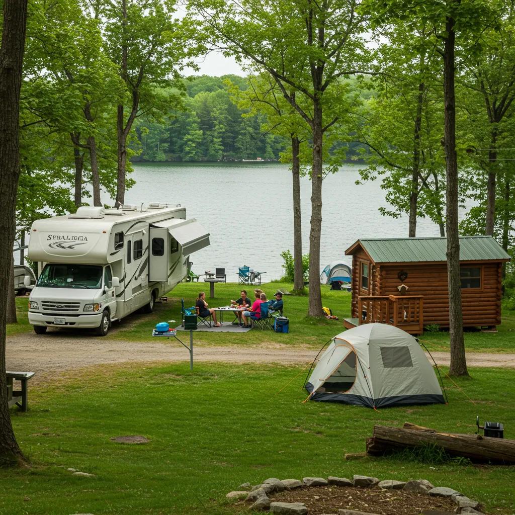 Family enjoying long-term camping in Michigan with RV, tent, and cabin in a scenic forest