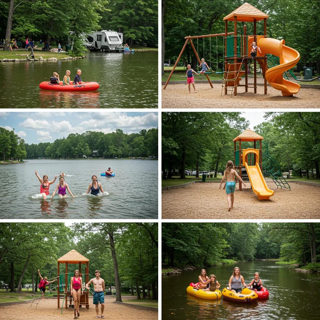 Family enjoying outdoor activities at Michigan campground, including swimming and playground fun