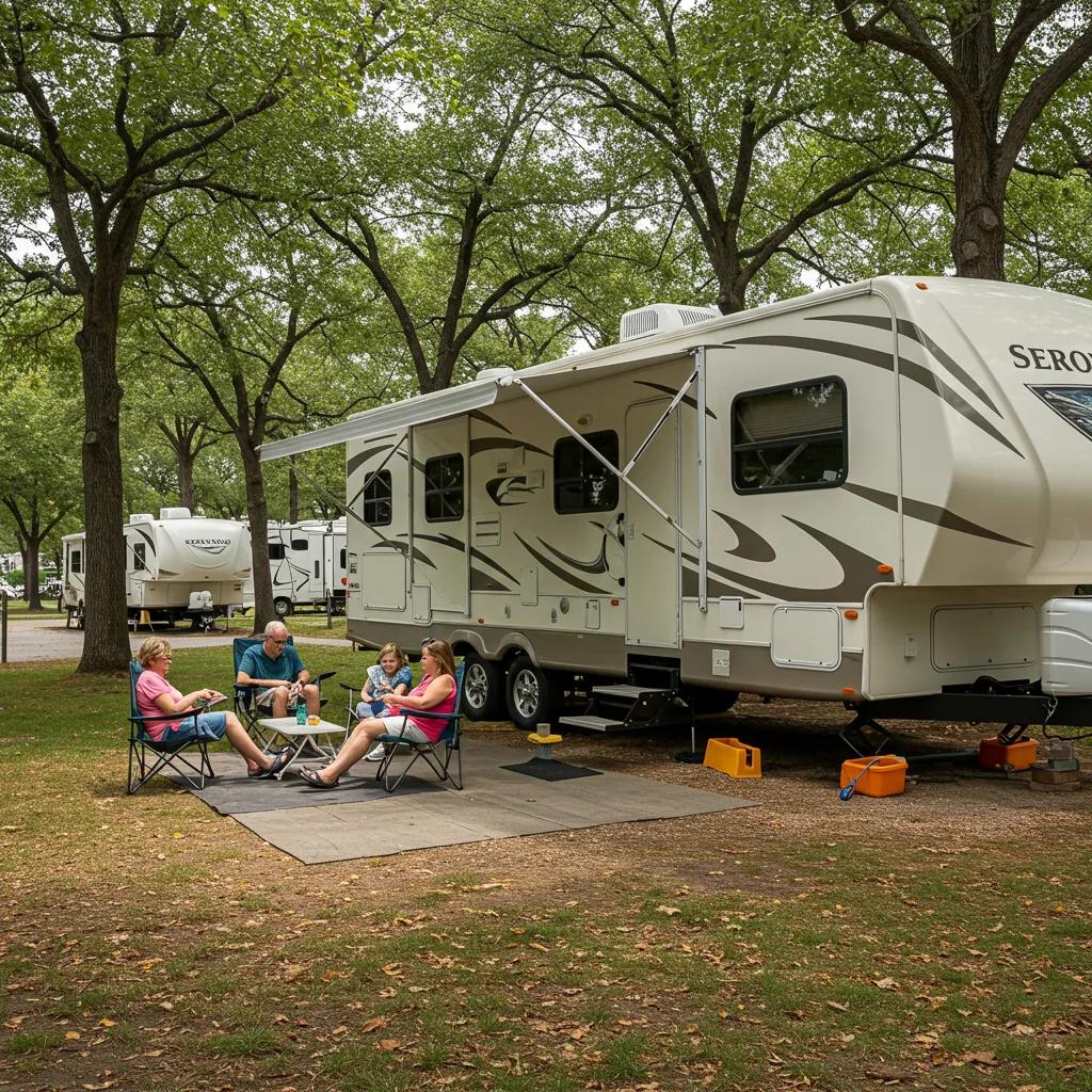 Family enjoying seasonal camping at a campground with RV and outdoor setup