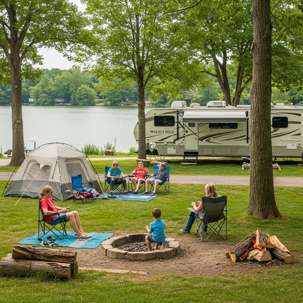 Family enjoying seasonal camping at Walnut Hills Campground in Michigan, showcasing tents and RVs in a natural setting
