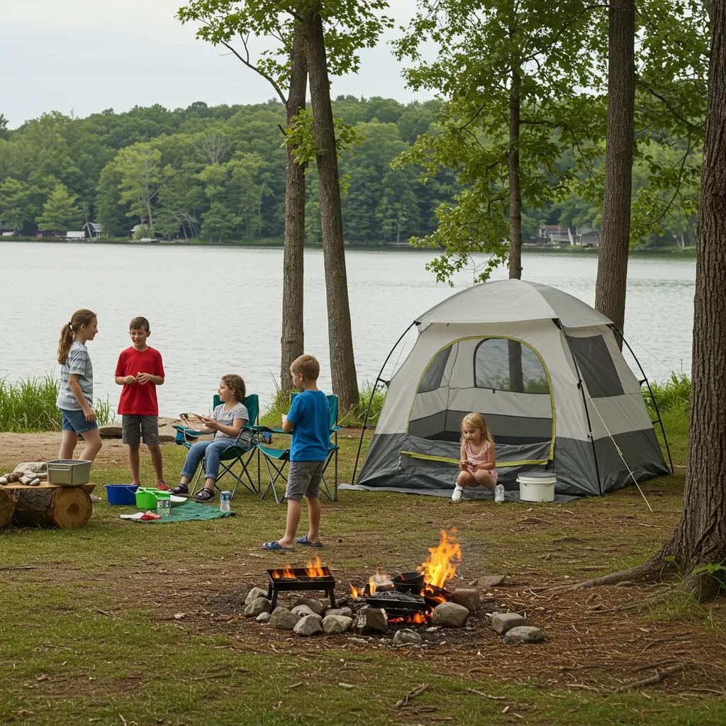 Family enjoying seasonal camping in Michigan with a tent and outdoor activities