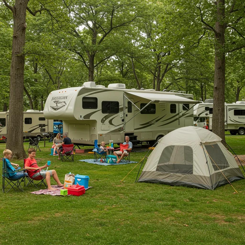 Family enjoying seasonal camping in Michigan with RV and tent in a lush campground