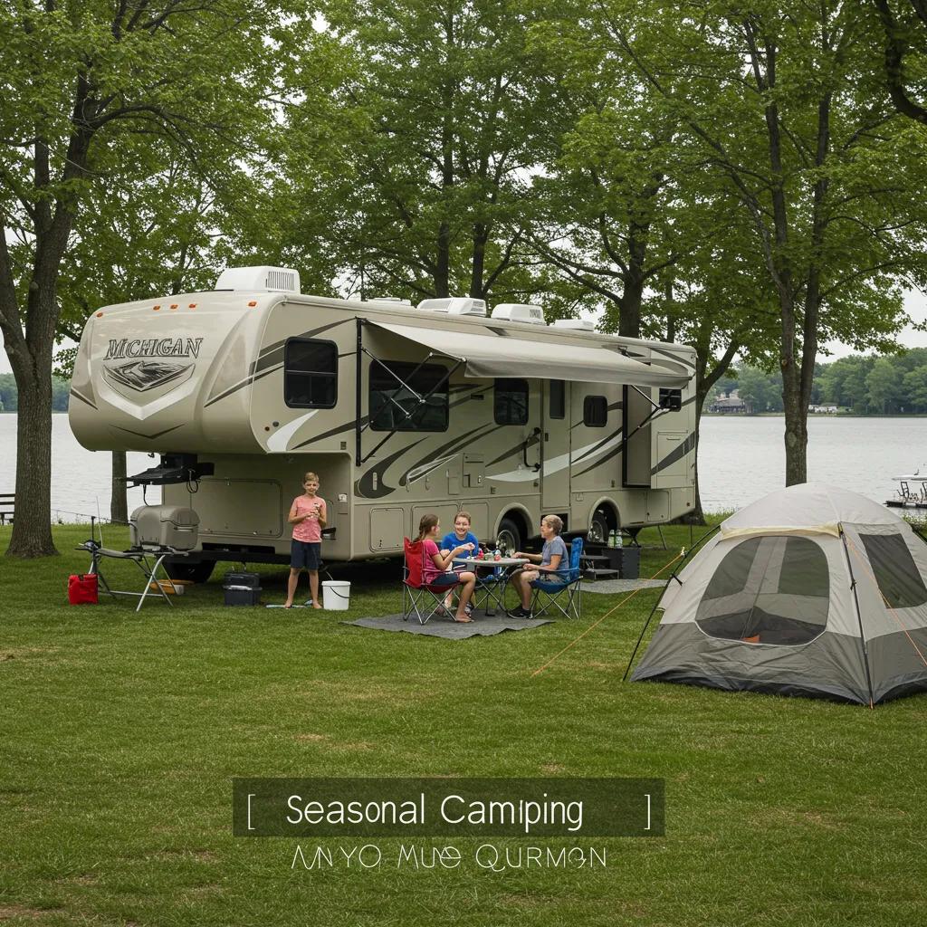 Family enjoying seasonal camping with RV and tent by a lake in Michigan