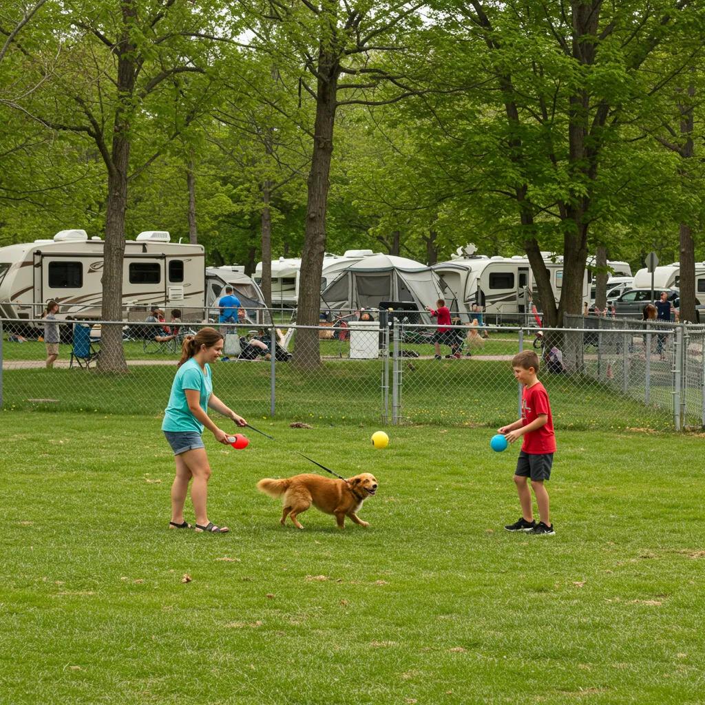 A family happily spending time with their dog at a pet-friendly campground in Michigan