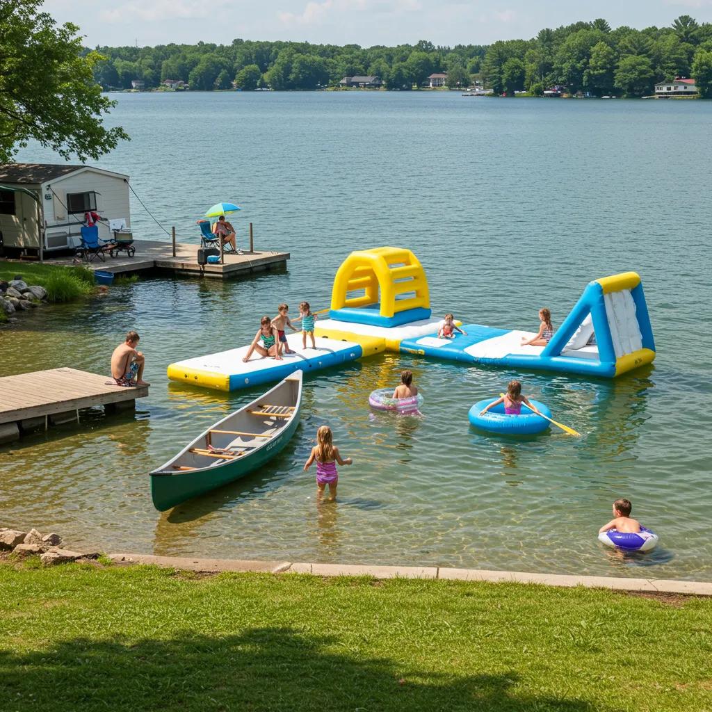 Family enjoying water activities at a Michigan campground with lake access