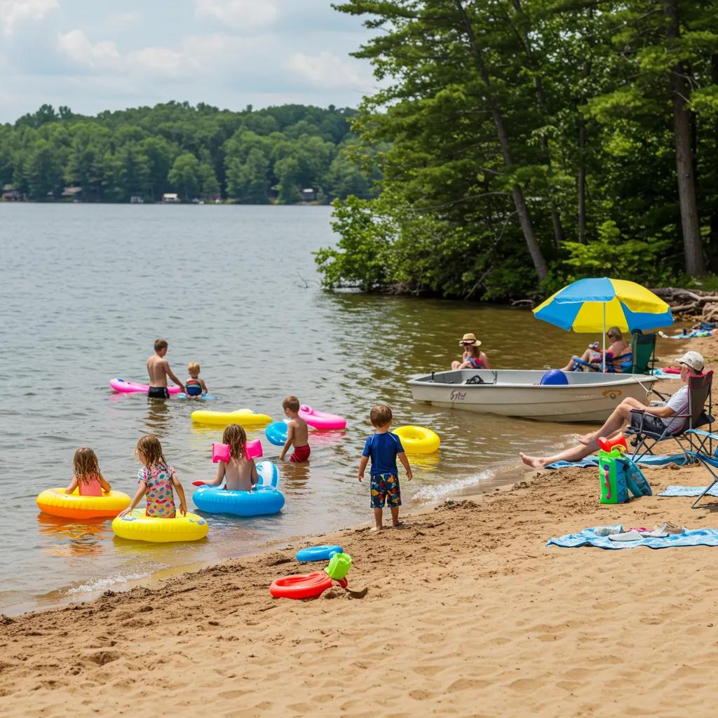 Family enjoying waterfront camping at a Michigan lake with beach activities and lush surroundings