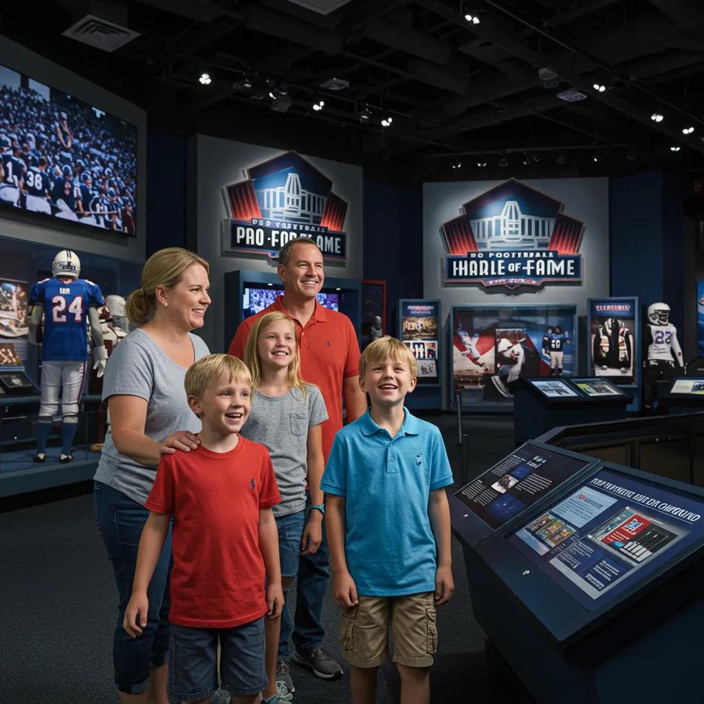 Family exploring the Pro Football Hall of Fame, enjoying interactive exhibits and memorabilia
