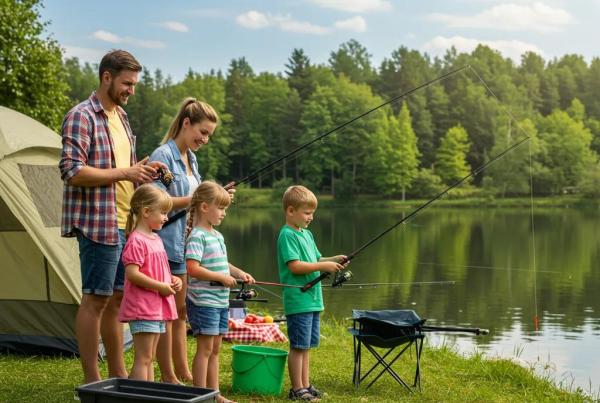 Family fishing at a campground, enjoying outdoor activities by the lake