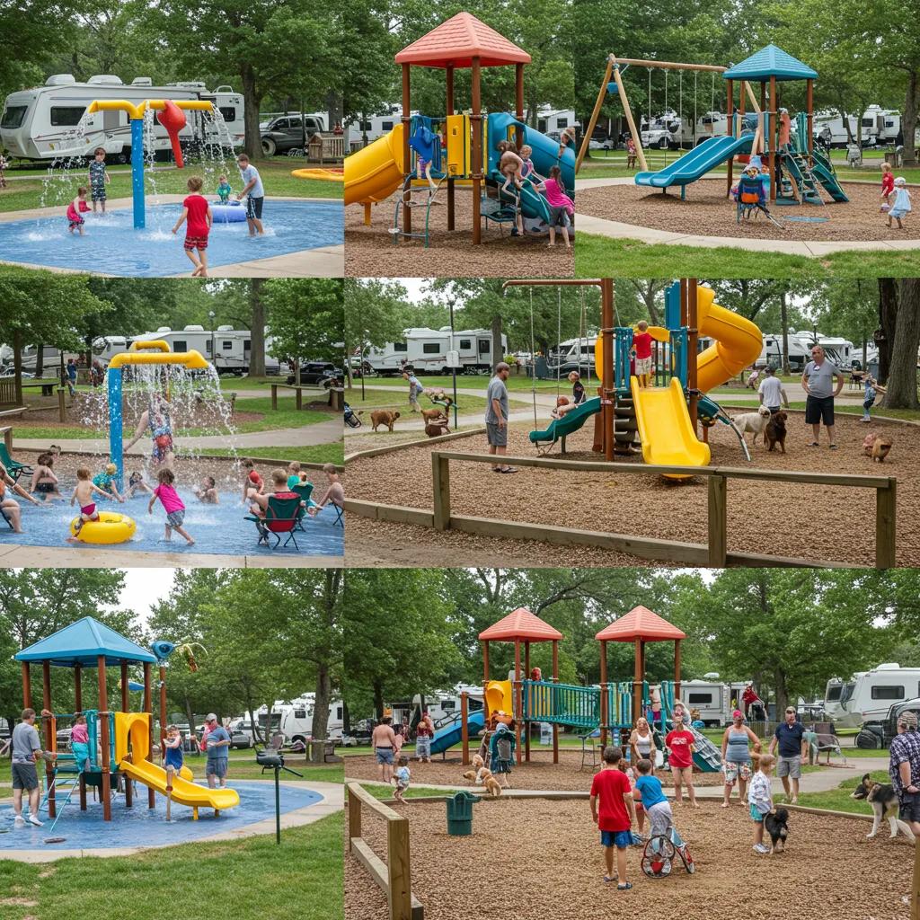 Family-friendly amenities at a campground including a water park and playground