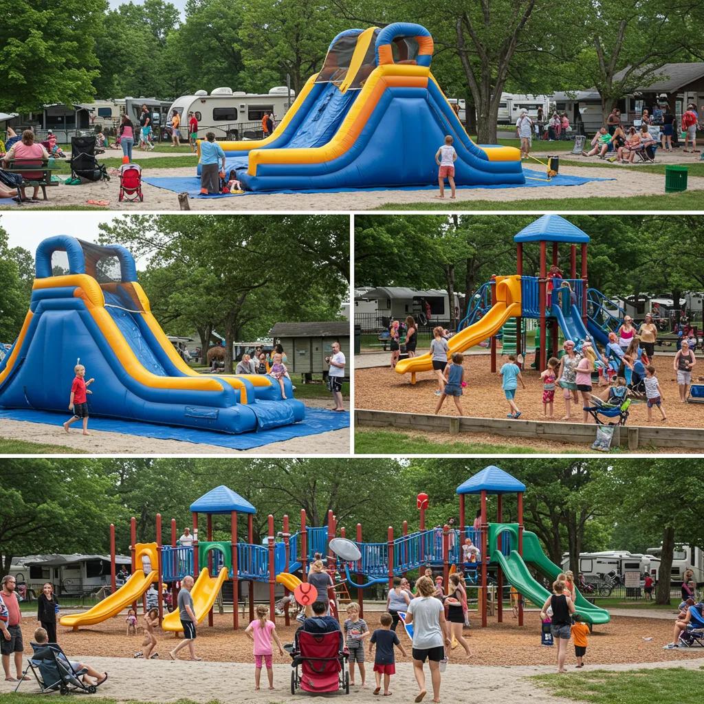 Family-friendly amenities at a Michigan campground featuring a water park and playground