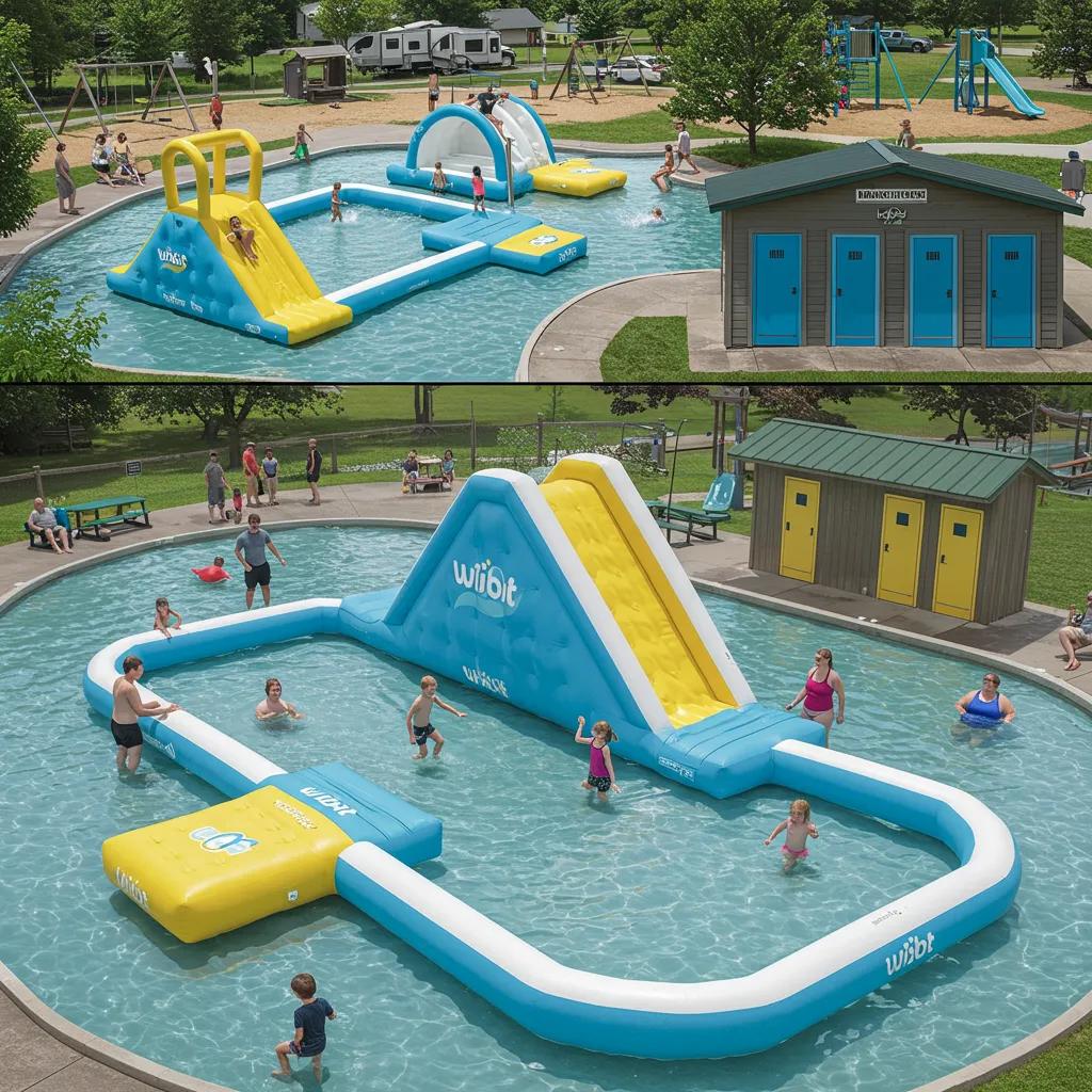 Family-friendly amenities at a Michigan seasonal campground, featuring a water park and playgrounds