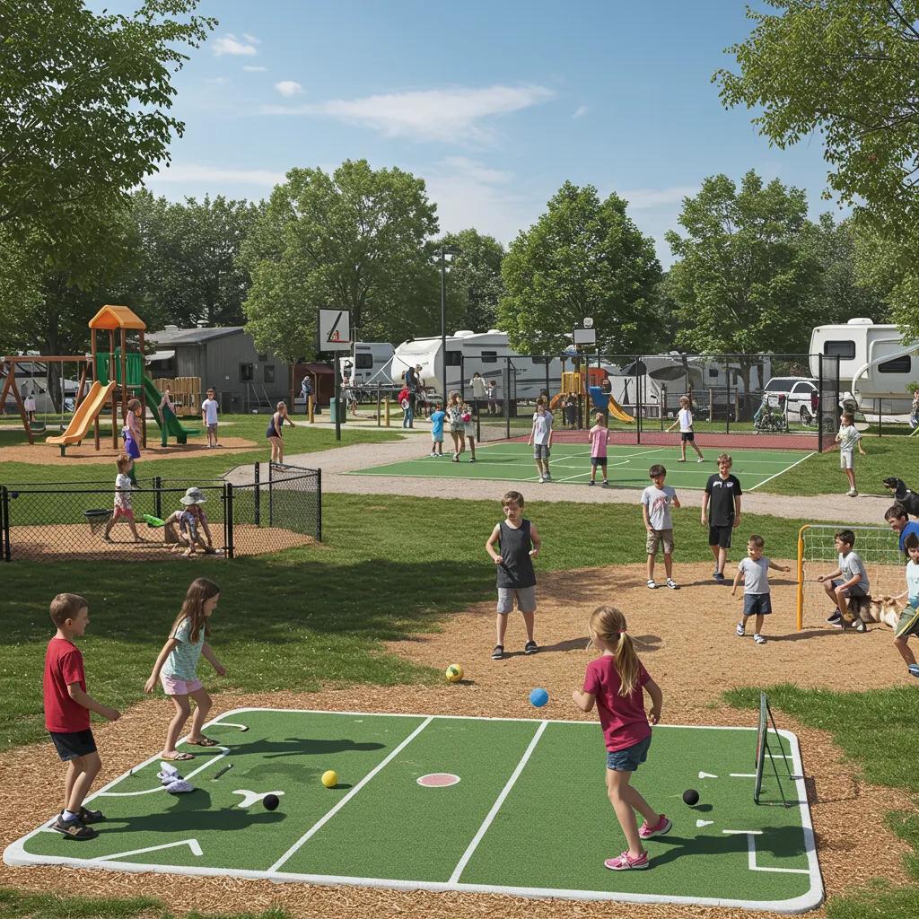 Family-friendly amenities at a seasonal campground with children playing