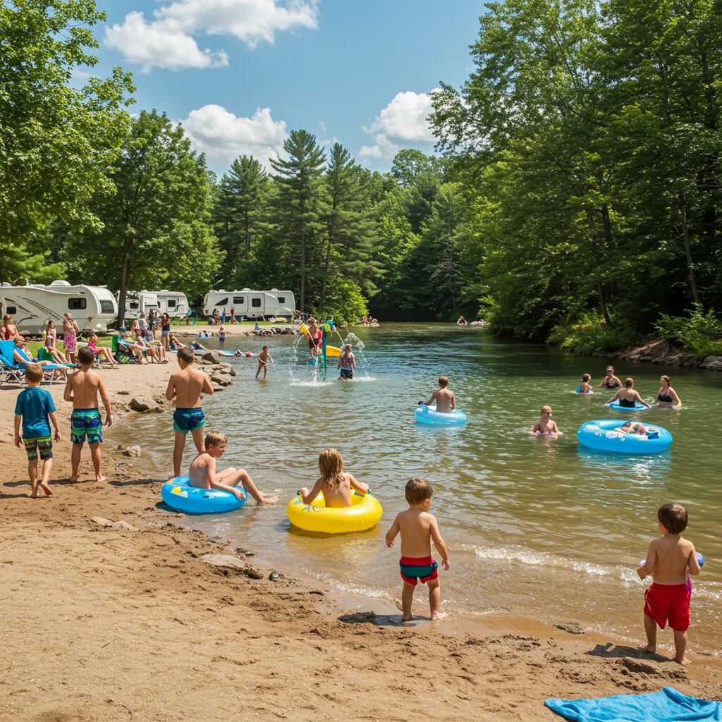 Family-friendly amenities at Walnut Hills including water park and swimming lake