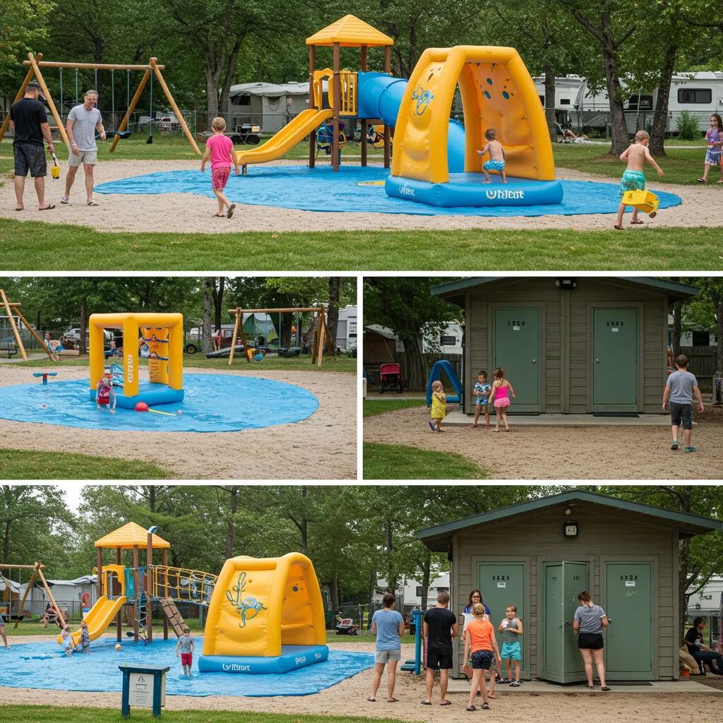 A family-friendly campground featuring a vibrant playground and a fun water park area.