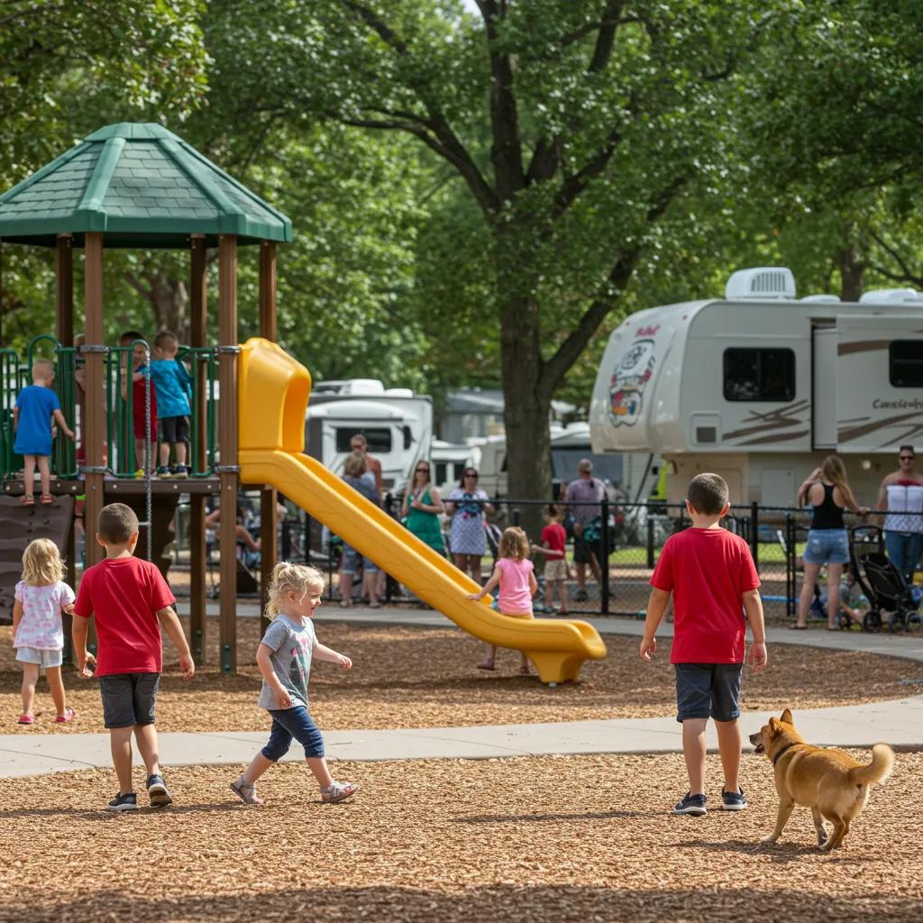 Family-friendly campground amenities with children playing and families enjoying activities
