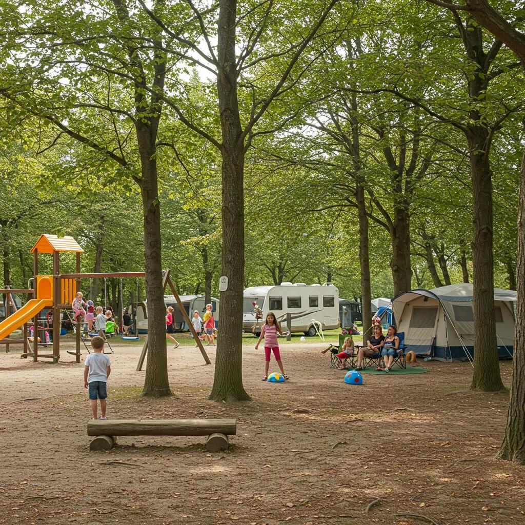 Family-friendly campground with children playing and parents relaxing, highlighting outdoor family bonding