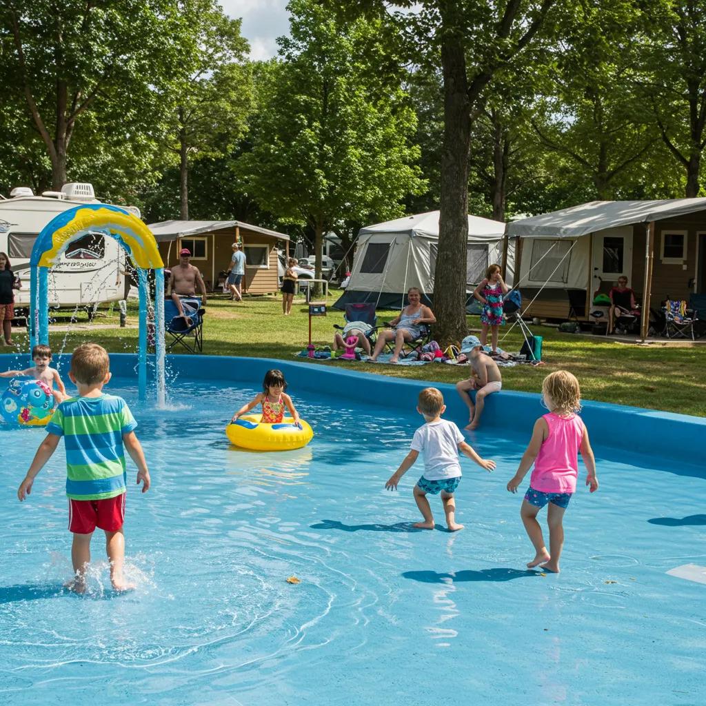 Family-friendly campground with children playing in a water park and families enjoying outdoor activities