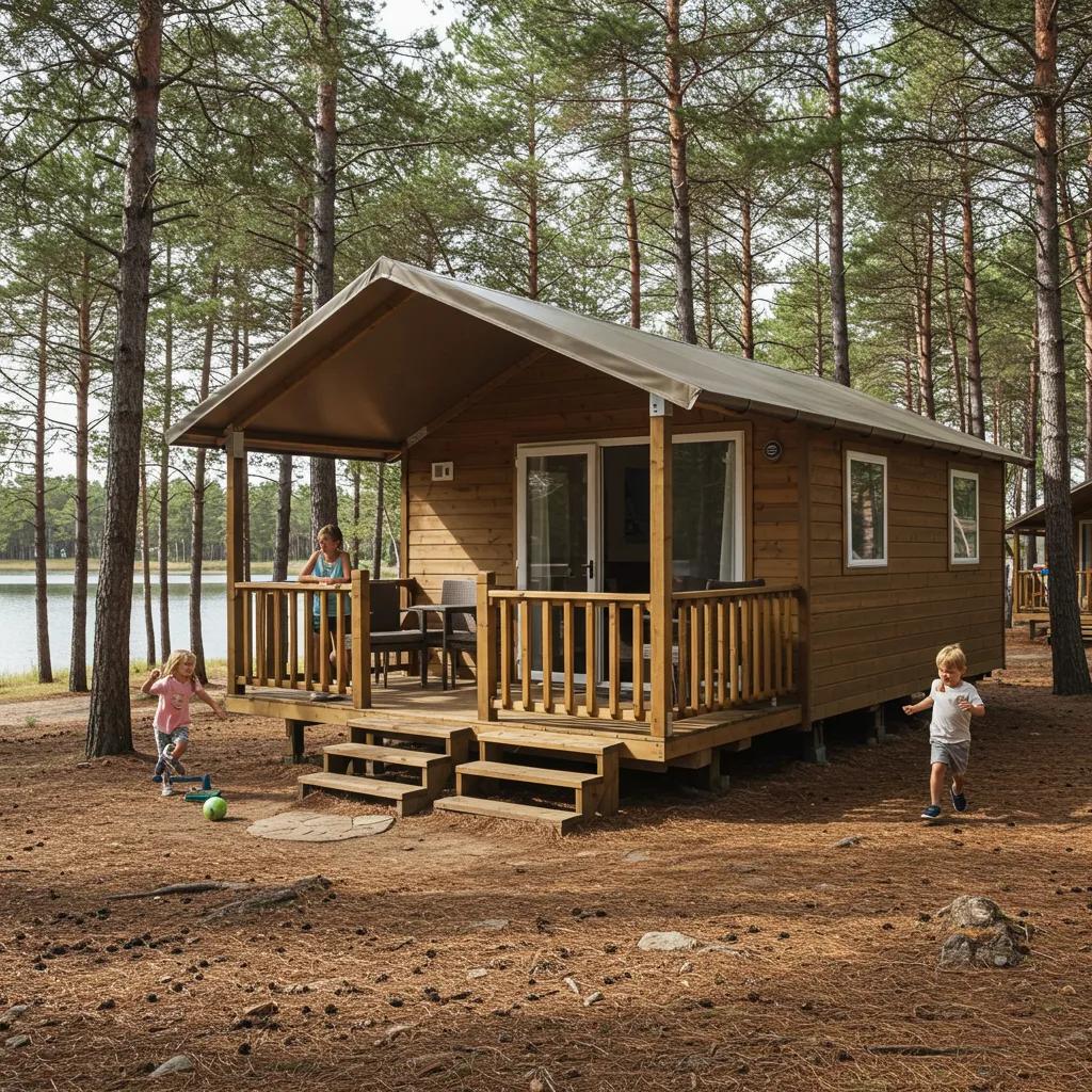 Family-friendly glamping cabin in a scenic campground with children playing nearby