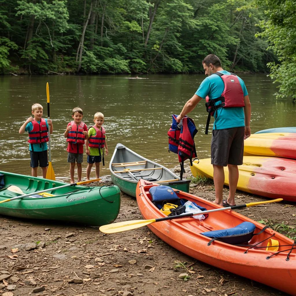 Family preparing for a Shiawassee River float trip with canoes and kayaks