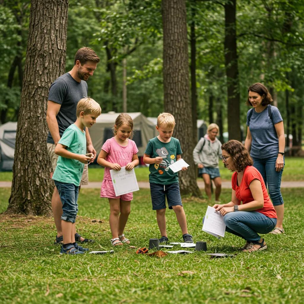 Family participating in a campground scavenger hunt, highlighting children's exploration and teamwork in nature