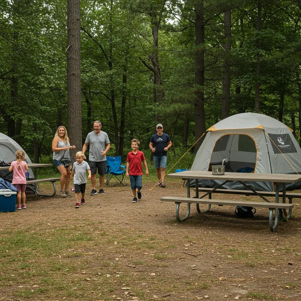 Family setting up a campsite at an Ohio state park with a tent and picnic table