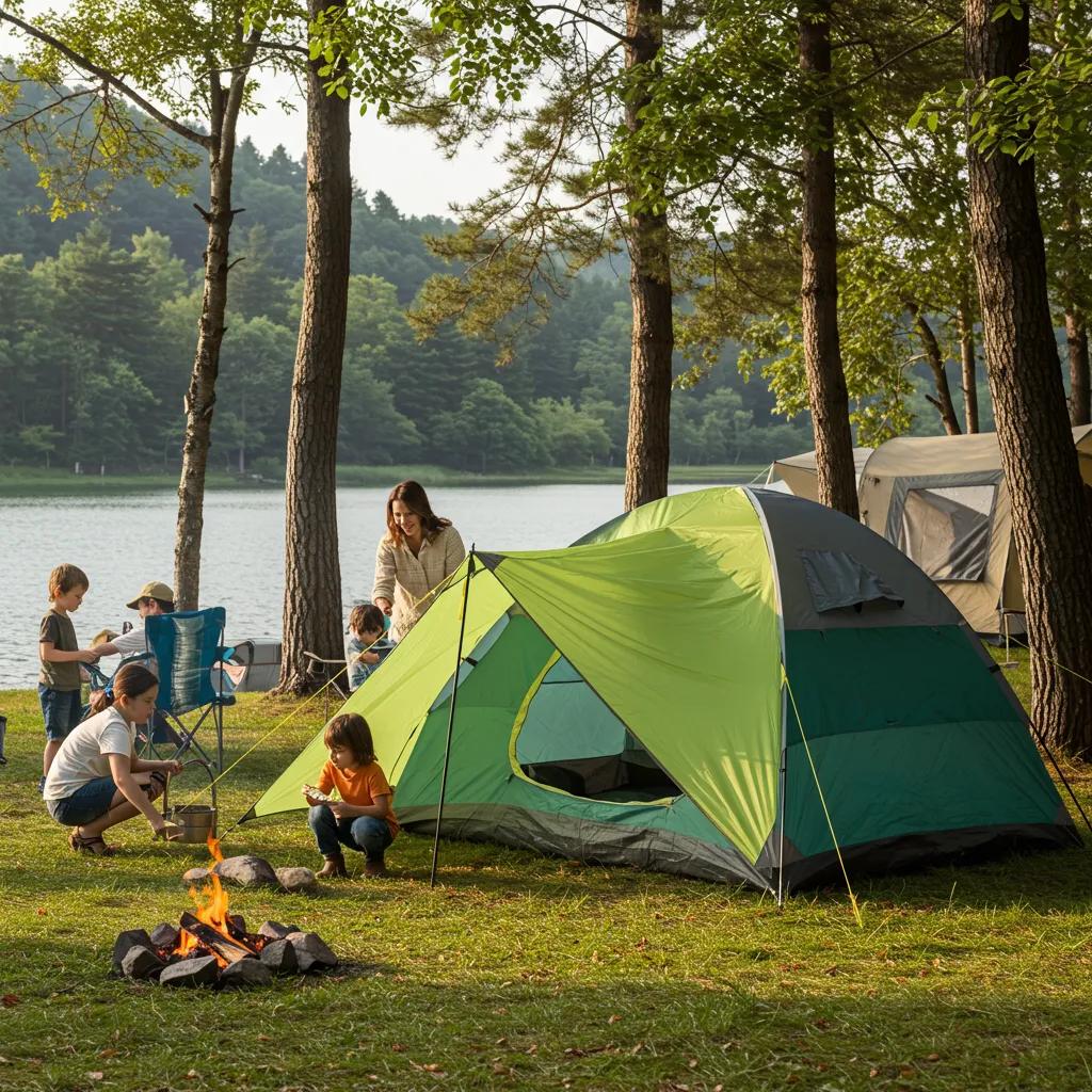Family setting up a tent at a campsite, highlighting the immersive experience of tent camping