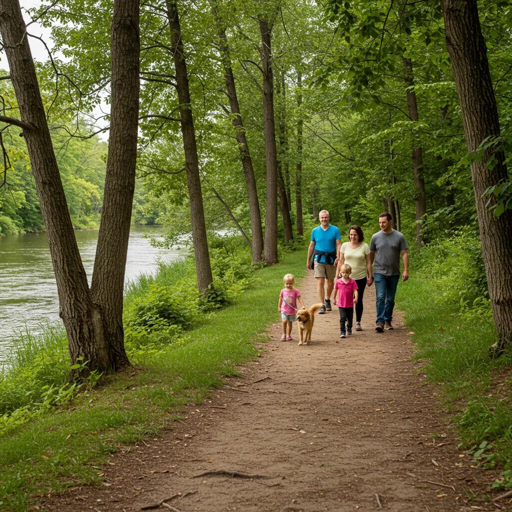 Family walking a dog on a pet-friendly trail near a Michigan campground