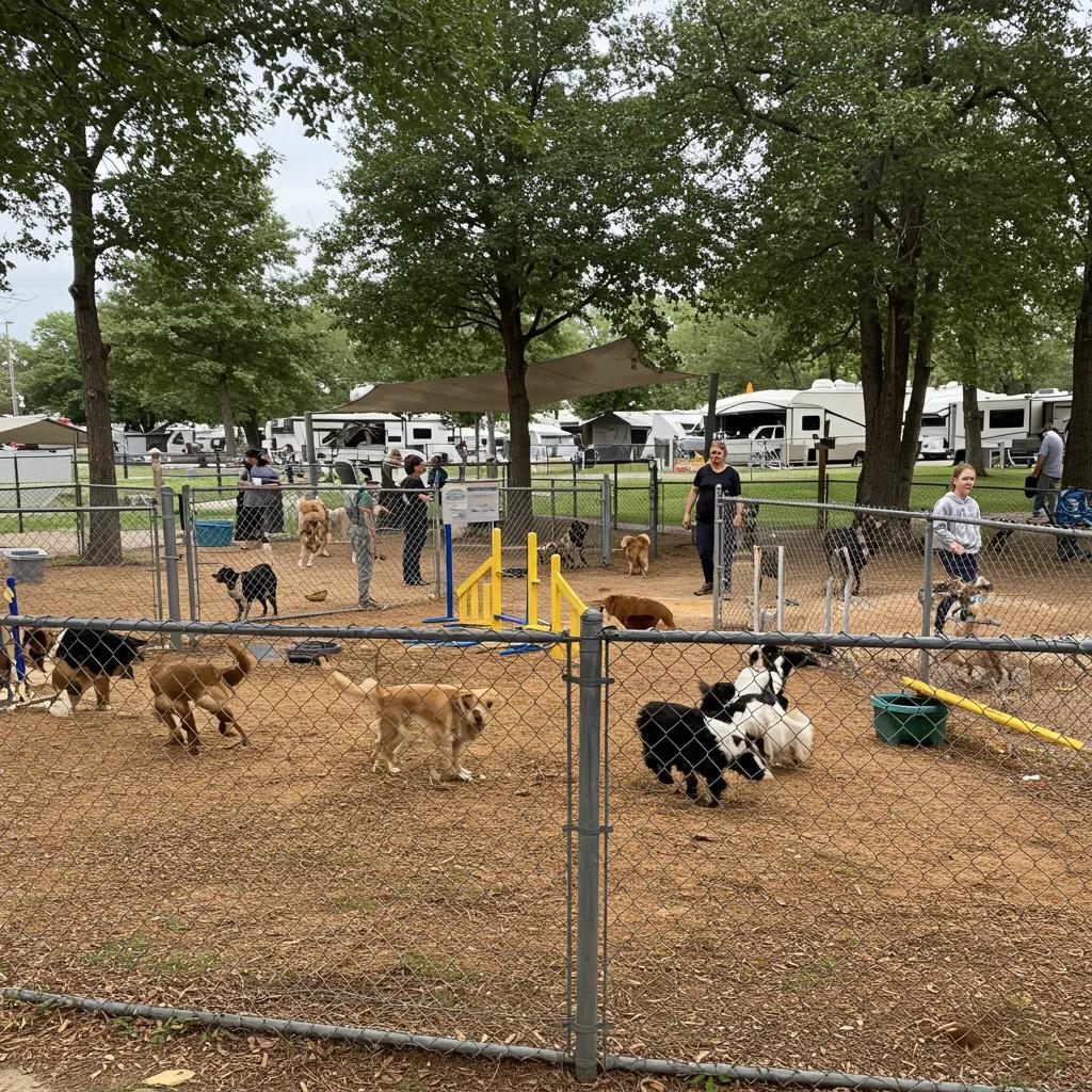 Fenced dog park at a campground with dogs playing and agility equipment
