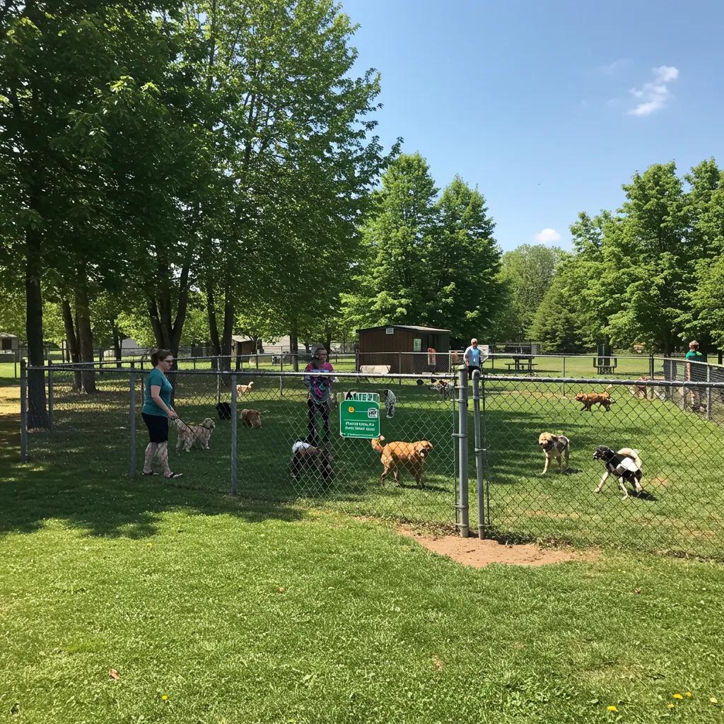 Fenced dog park at Walnut Hills with dogs playing off-leash and waste stations